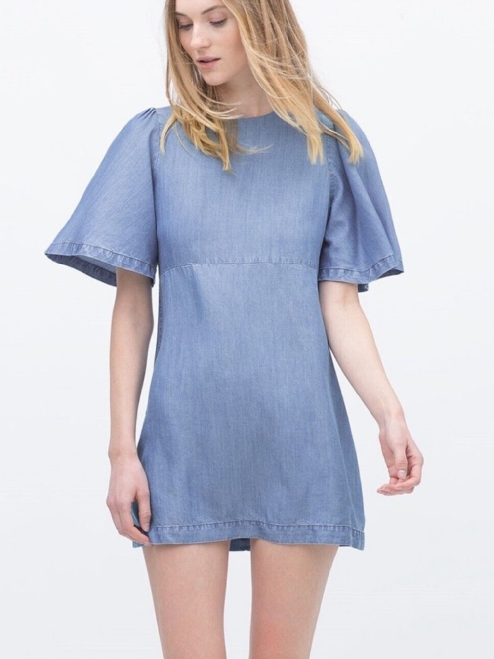 Z🐞Zara Blue Denim Mini Dress with Flutter Sleeves